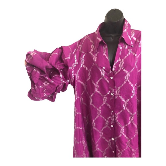 Pink & silver metallic puffy sleeve button down regal hi low dress size 1X new - Picture 3 of 17